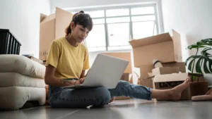 Girl Purchasing New Home Online Over Computer Remote Digital Notary